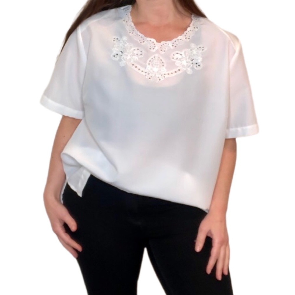 VINTAGE 90s White Semi Sheer Scalloped Cottagecore Minimalist Shirt Top 16/18 - Picture 5 of 10